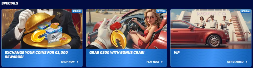 Ricompense speciali Wonaco, offerte bonus granchio e panoramica del programma VIP